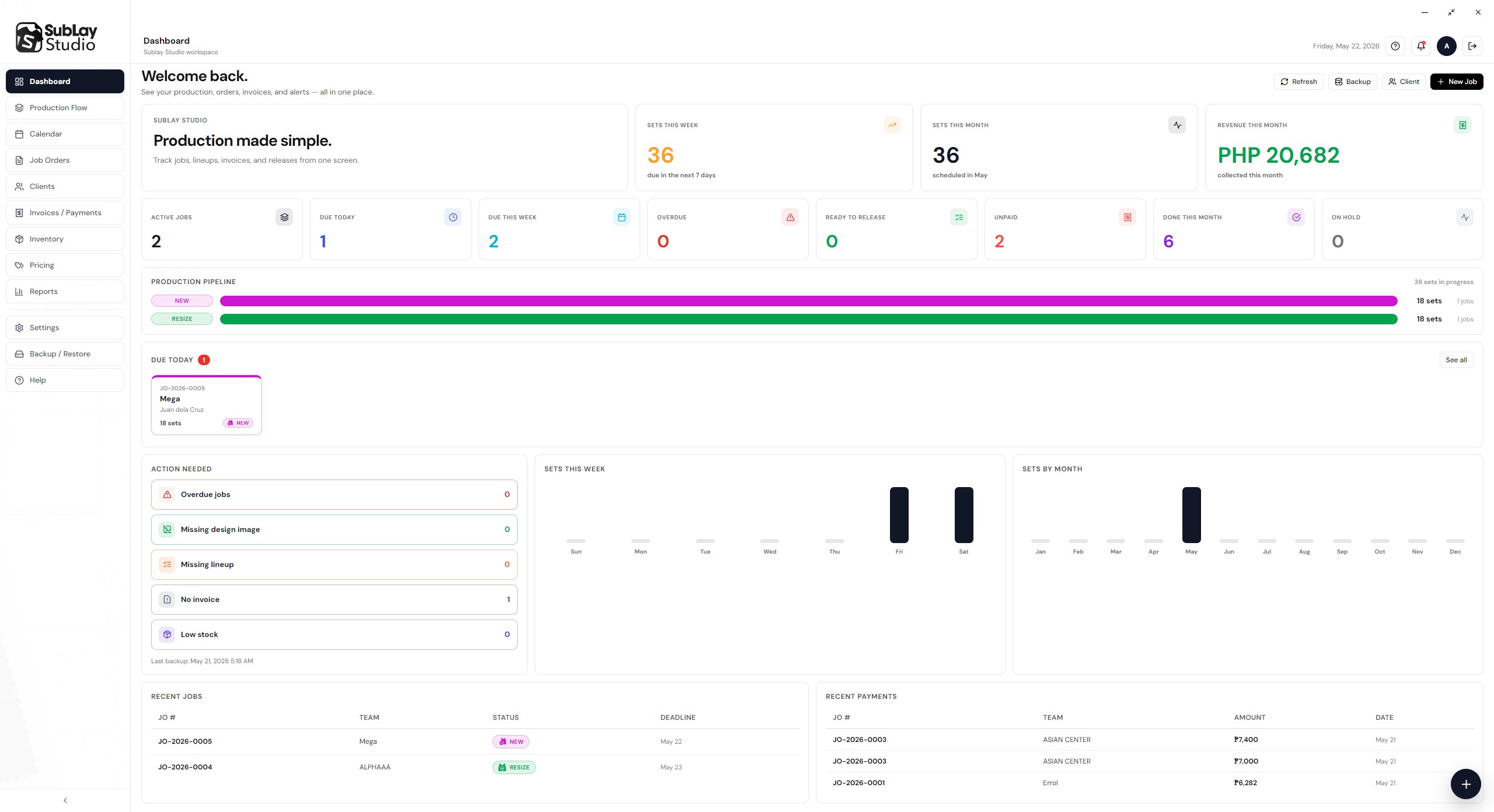 Sublay Studio app dashboard